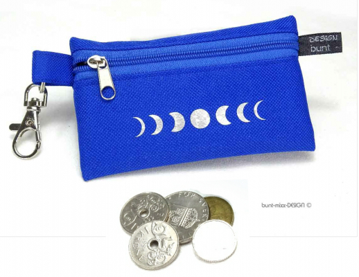 Mini Täschchen Portemonnaie, royalblau Reißverschluß, Mondphasen silbern glitzernd, handmade by BuntMixxDESIGN